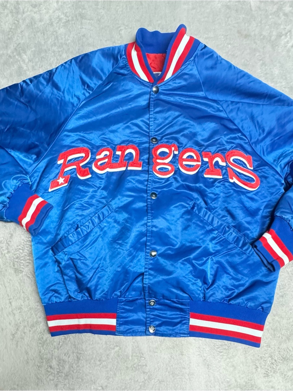 Vintage 80’s Early Era Texas Rangers Satin Starter Jacket Size Large Script Logo